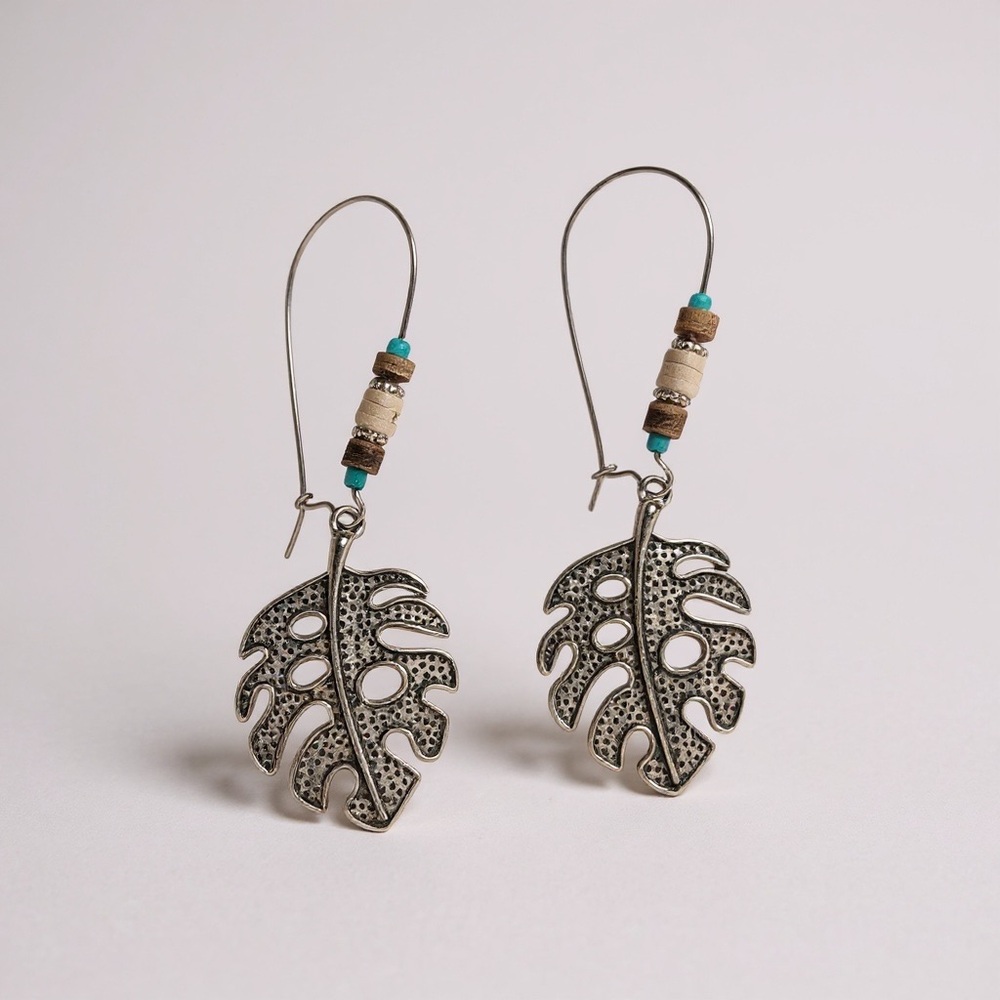 Boho Monstera Leaf Earrings with Beaded Accents